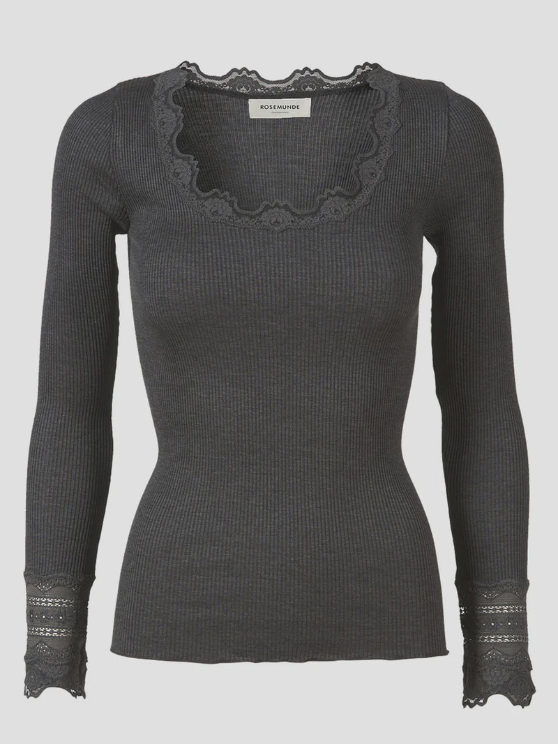 Rosemunde Benita O-neck Lace T-Shirt - Dark Grey Melange