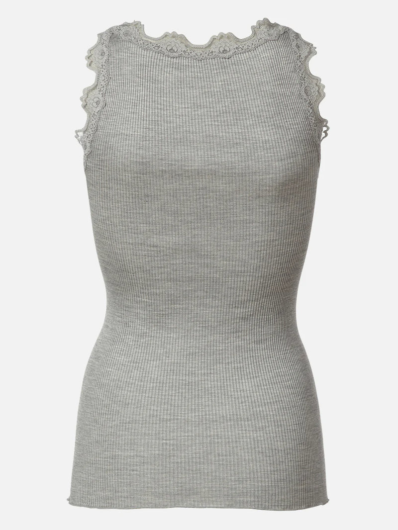 Rosemunde Babette SL U-neck Lace Top - Light Grey Melange