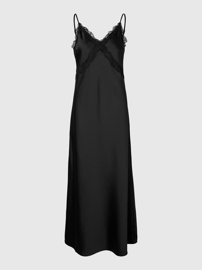 Selected Femme Alena Satin Lace Slip Dress - Black