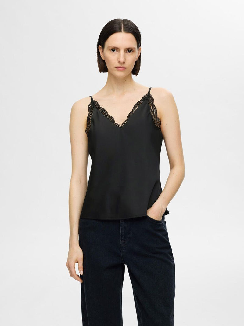 Selected Femme Alena Lace Trim Strap Top - Black