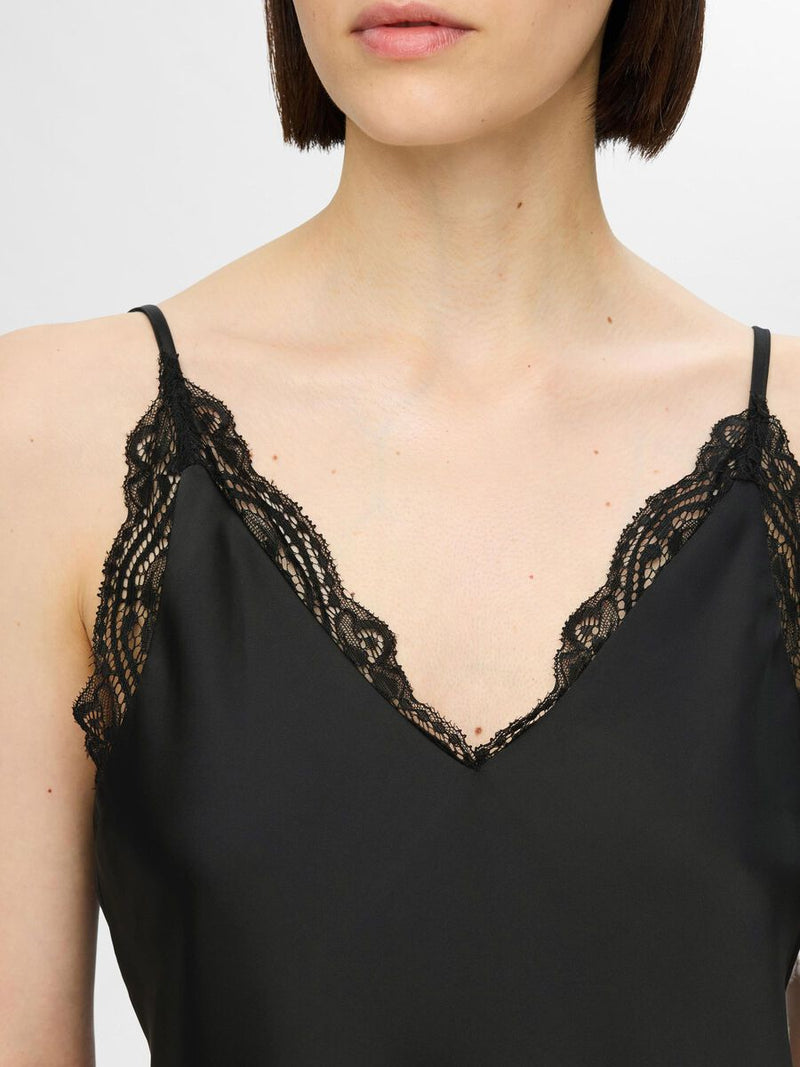 Selected Femme Alena Lace Trim Strap Top - Black