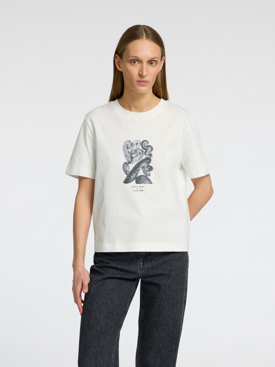 Selected Femme Essential Boxy Printed Ink T-Shirt - Snow White/Black