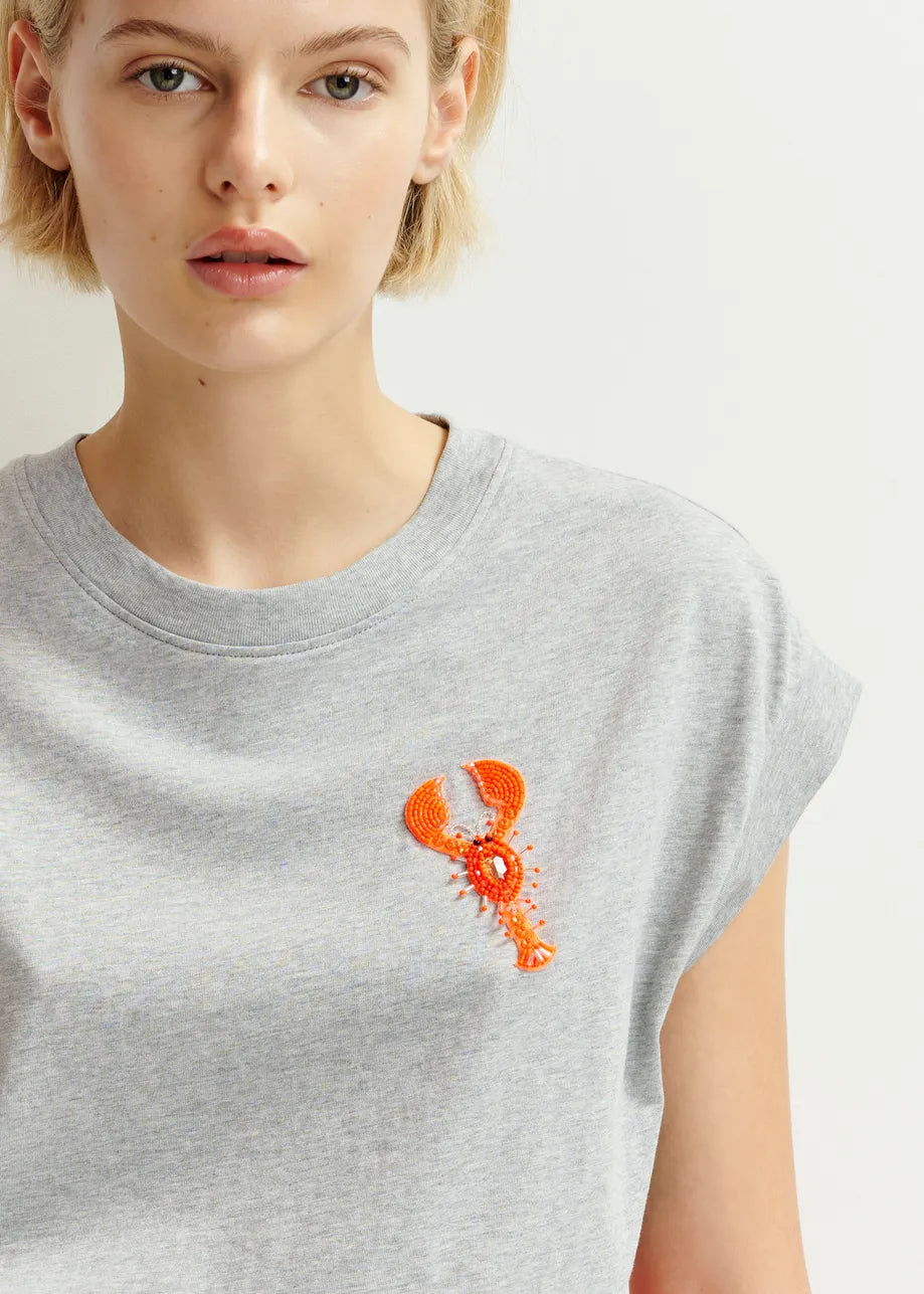 Essentiel Antwerp Hobster T-Shirt - Grey/Orange Embroidery