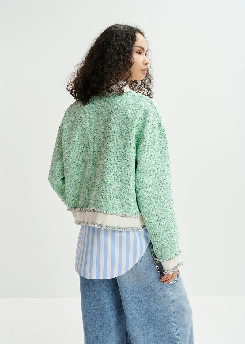 Essentiel Antwerp Hoola Cropped Tweed Cardigan - Grey/Mint Green/White