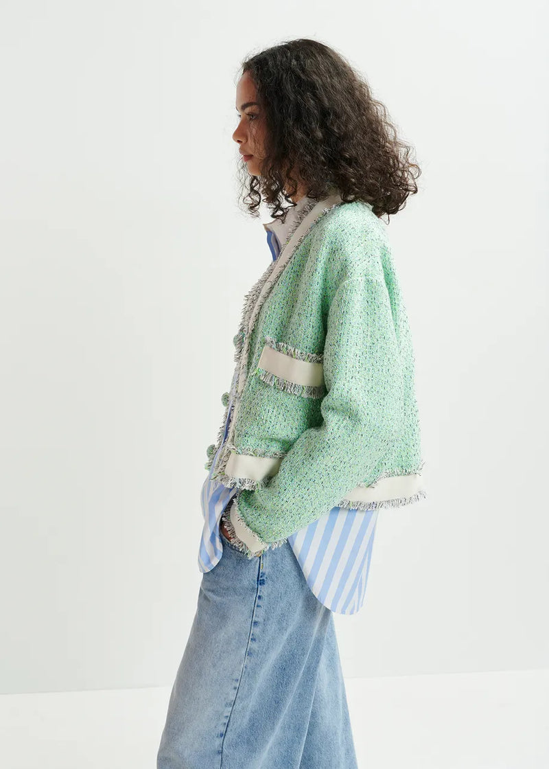 Essentiel Antwerp Hoola Cropped Tweed Cardigan - Grey/Mint Green/White