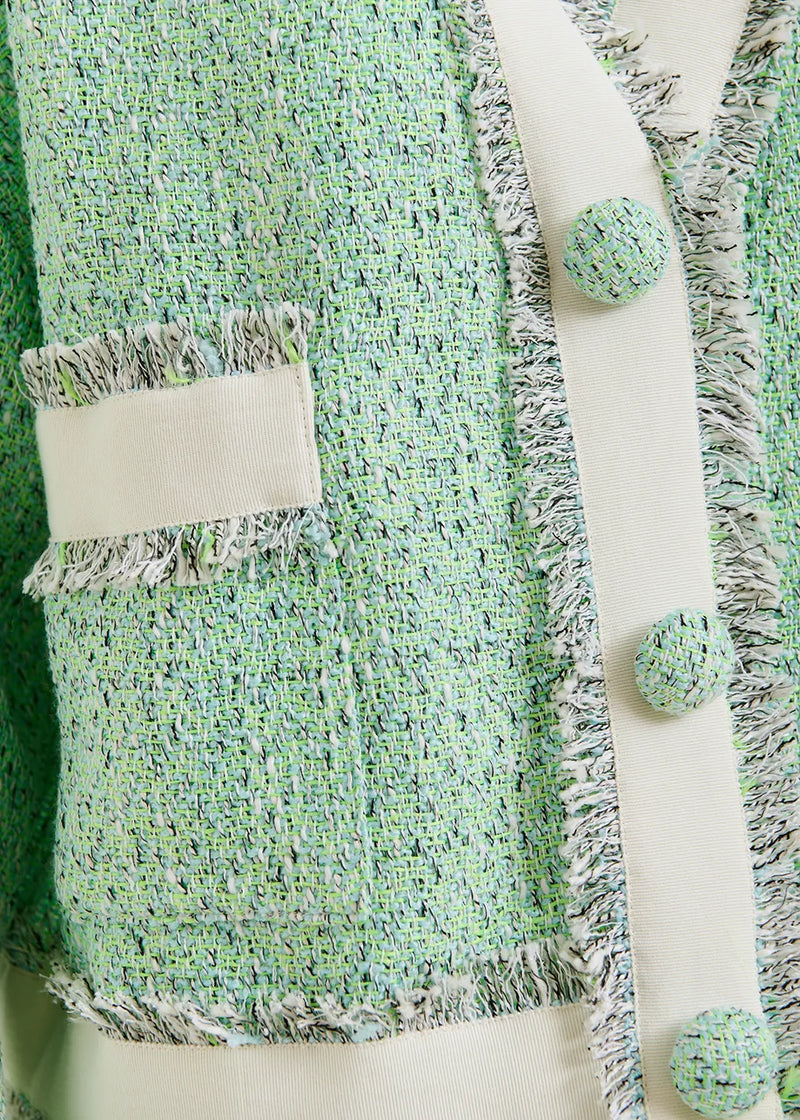 Essentiel Antwerp Hoola Cropped Tweed Cardigan - Grey/Mint Green/White